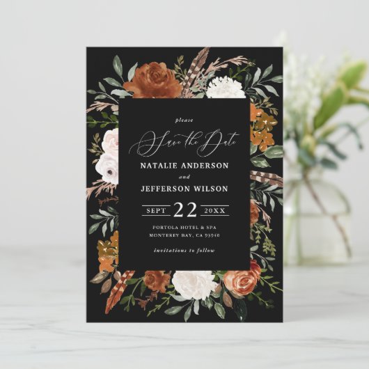 Schwarzes botanisches rustikales Foto Save the Dat Date (Stehend Vorderseite)