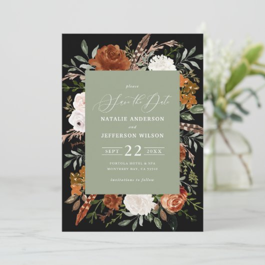 Schwarzes botanisches rustikales Foto Save the Dat Save The Date (Stehend Vorderseite)