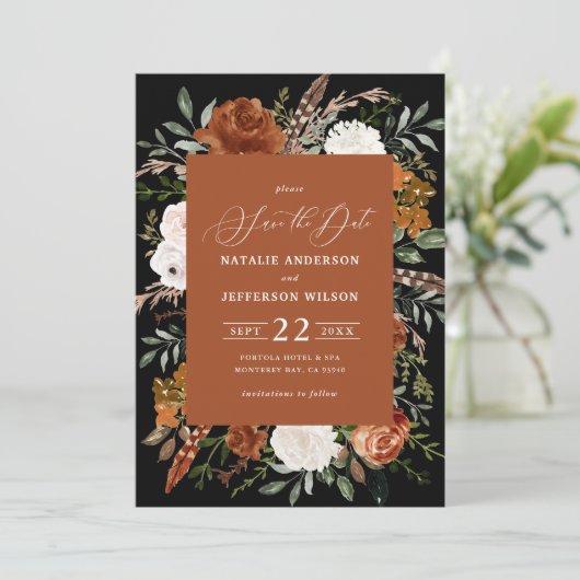 Schwarzes botanisches rustikales Foto Save the Dat Save The Date (Stehend Vorderseite)