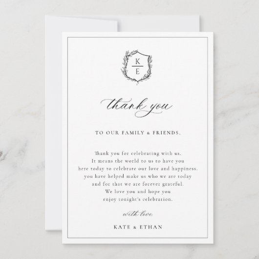 Schwarzes botanisches Wappen Hochzeitstisch Dankeskarte (Vorderseite)