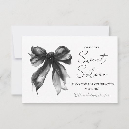 Schwarzes Bow Coquette Schrift Süßes 16 Danke (Vorderseite)