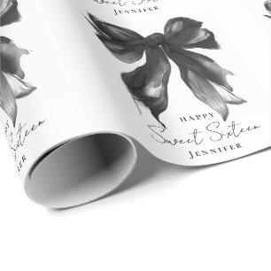 Schwarzes Bow Coquette Schriftzug Süße 16 Party Geschenkpapier