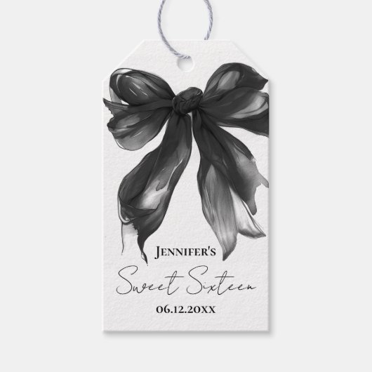Schwarzes Bow Coquette Script Sweet 16 Danke Geschenkanhänger (Vorderseite)