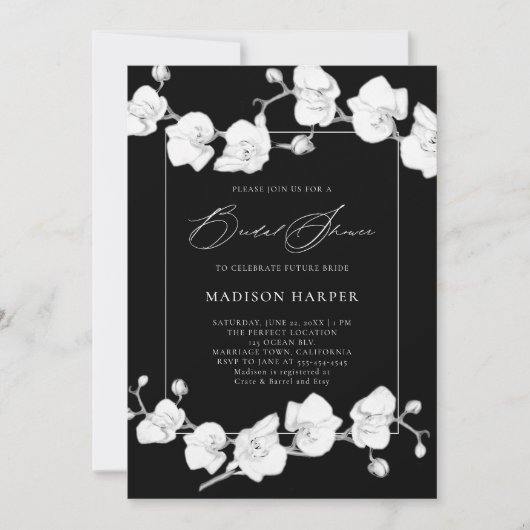 Schwarzes Brautparty mit weißer Orchidee Einladung (Vorderseite)