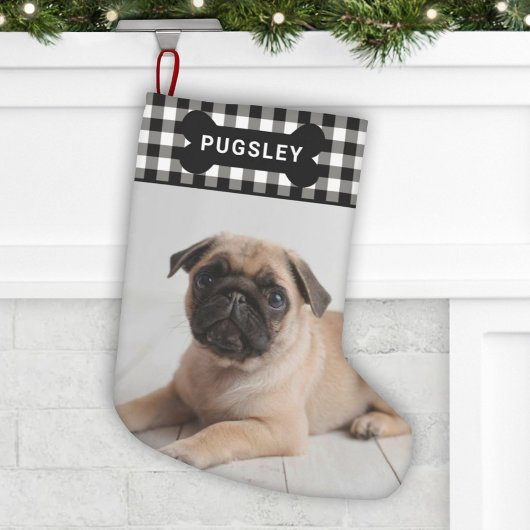 Schwarzes Buffalo Kariert Hunde Knochen Monogramm  Kleiner Weihnachtsstrumpf