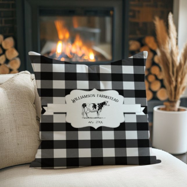 Schwarzes Buffalo, Karierte Kuh-Kissen Kissen (Black Buffalo Plaid Farm Cow Throw Pillow)