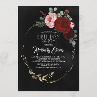 Schwarzes Burgund Rot und Gold Floral Moderner Geb Einladung