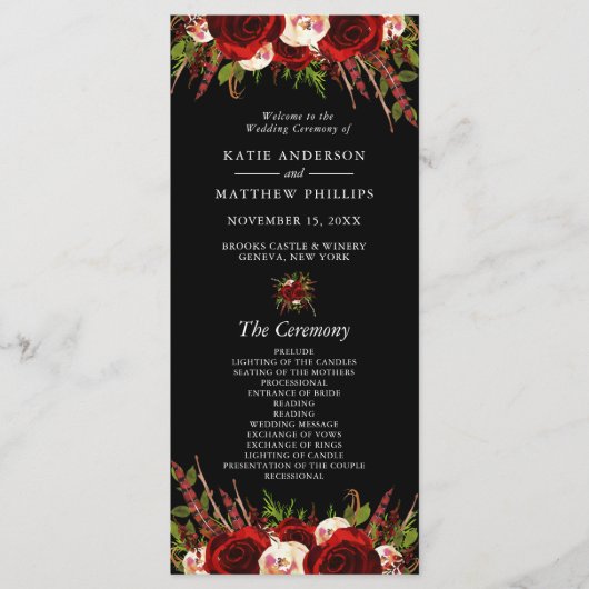 Schwarzes Burgunder Blumen Boho Hochzeitsprogramm Programm (Vorderseite)
