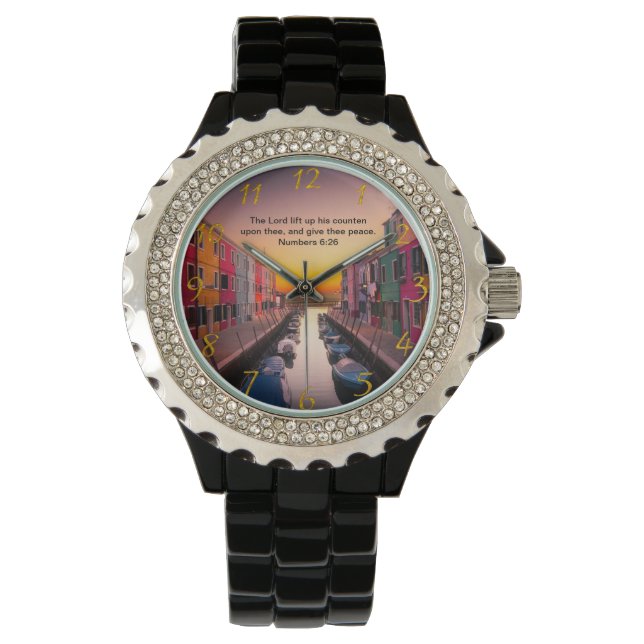 Schwarzes Christliches Glaubenskreuz mit Zahlen 6: Armbanduhr (Vorderseite)