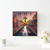 Schwarzes Christliches Glaubenskreuz mit Zahlen 6: Quadratische Wanduhr (Zuhause)