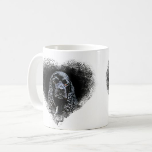 Schwarzes cocker spaniel stellen gegenüber kaffeetasse (Vorderseite Links)