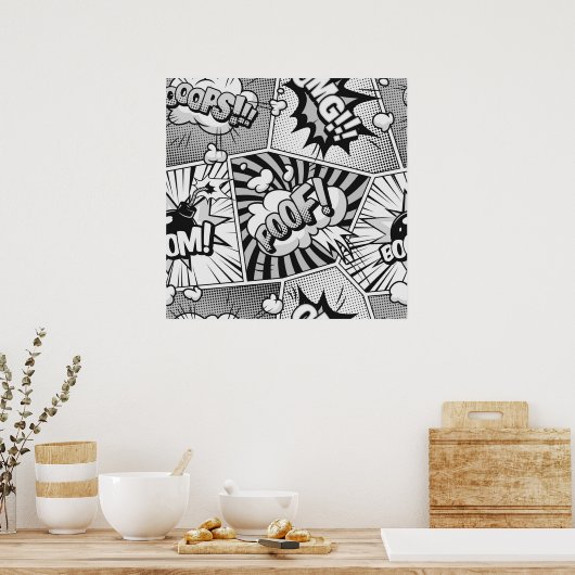 Schwarzes Comic Book Word Art Collage Poster (Küche)