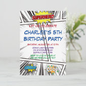 Schwarzes Comic Bucht Geburtstagsparty Einladung (Stehend Vorderseite)