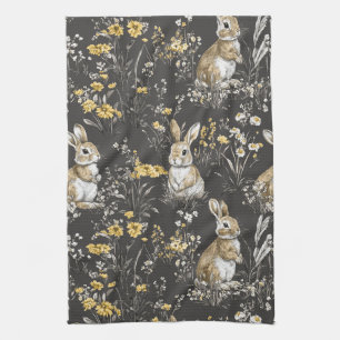 Schwarzes Cottagecore-Kaninchen-Blumen-Toile-Muste Geschirrtuch