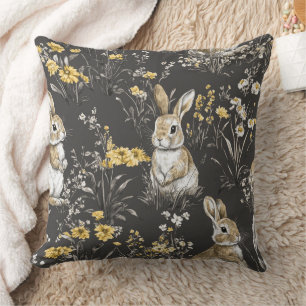 Schwarzes Cottagecore-Kaninchen-Blumen-Toile-Muste Kissen