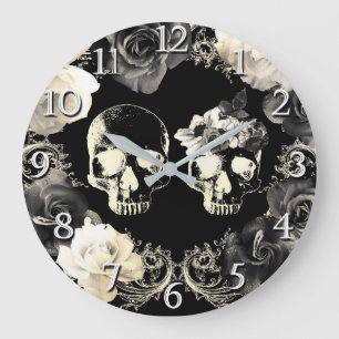 Schwarzes Cream Gray Skeleton Skull Gothic Glam Große Wanduhr