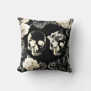 Schwarzes Cream Gray Skeleton Skull Gothic Glam Kissen