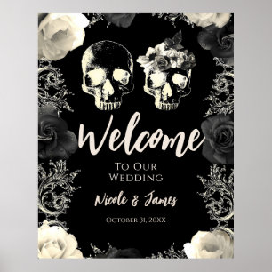 Schwarzes Cream Skeleton Skull Hochzeit Begrüßungs Poster