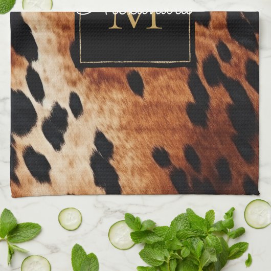 Schwarzes Creme Braunes Goldmonogramm Geschirrtuch (Gefaltet)