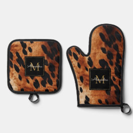 Schwarzes Creme Braunes Goldmonogramm Ofenhandschuh & Topflappen-Set