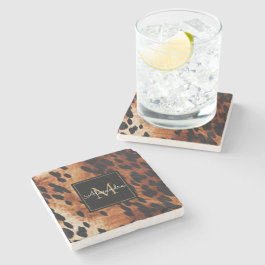 Schwarzes Creme Braunes Goldmonogramm Steinuntersetzer (Seitenansicht)