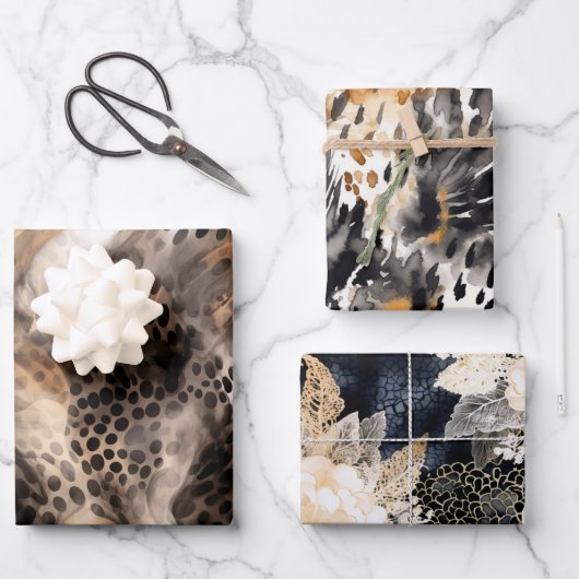 Schwarzes Creme Leopard Tier Floral Brautparty Geschenkpapier Set (Vorderseite)