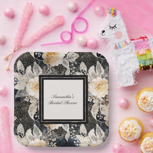 Schwarzes Creme Leopard Tier Floral Brautparty Pappteller (Party)