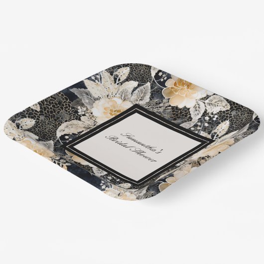 Schwarzes Creme Leopard Tier Floral Brautparty Pappteller (Gewinkelt)
