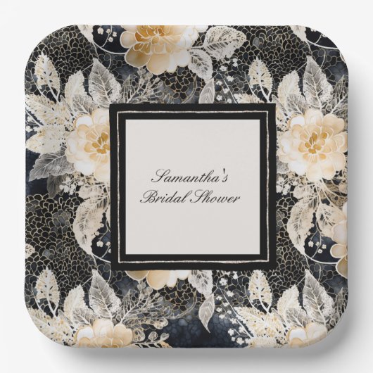 Schwarzes Creme Leopard Tier Floral Brautparty Pappteller (Vorderseite)