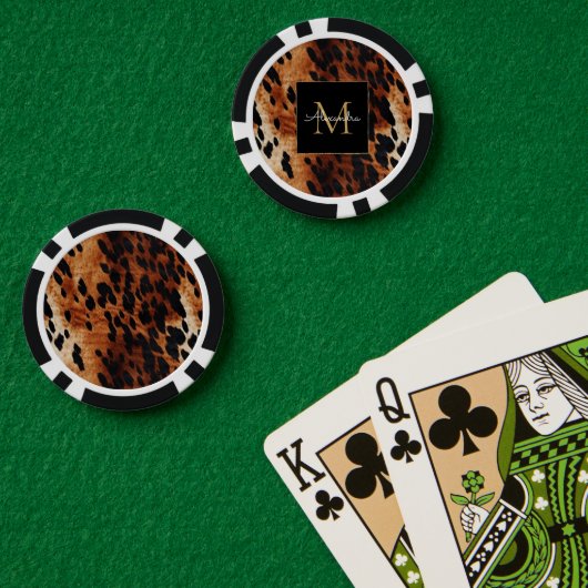 Schwarzes Cremebraunes Kuhleder Gold Monogramm Pokerchips (Pokertisch (doppelt))