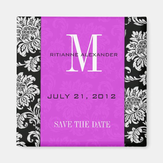 Schwarzes Damasepulum Monogram Save the Date Magnet (Vorne)