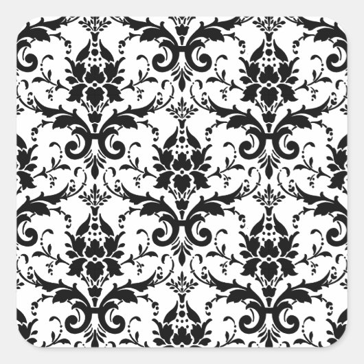 Schwarzes Damask-Fliesenmuster Quadratischer Aufkleber (Vorderseite)