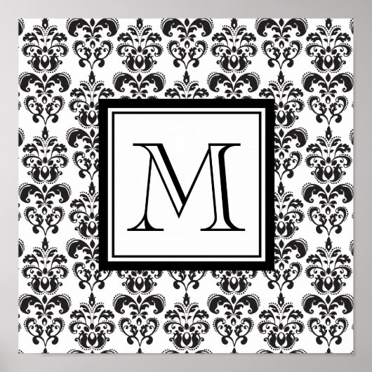 Schwarzes Damaskusmuster 2 mit dem Monogramm Poster (Vorne)