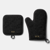 Schwarzes Damaskusmuster Monogramm Ofenhandschuh & Topflappen-Set (Vorderseite)