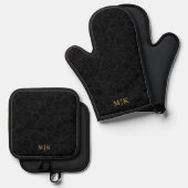 Schwarzes Damaskusmuster Monogramm Ofenhandschuh & Topflappen-Set (Vorderseite/Rückseite)