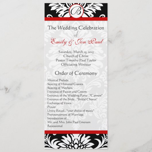 Schwarzes Damast-Hochzeitsprogramm 9x4 mit roter U Programm (Vorderseite)