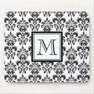 Schwarzes Damast-Muster 2 mit Ihrem Monogramm Mousepad