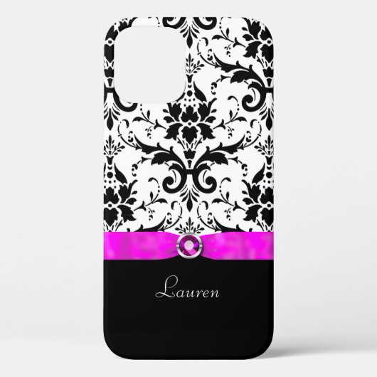 Schwarzes Damast-Rosa-Juwel personalisiert Case-Mate iPhone Hülle (Rückseite)
