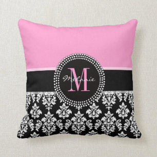Schwarzes Damast rosa personalisiertes Monogramm-K Kissen