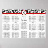 Schwarzes Damast Rot Monogramm Sitzplan Poster (Vorne)