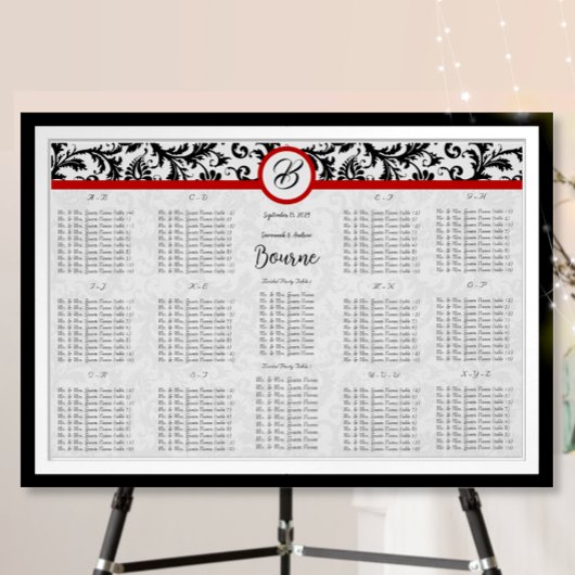 Schwarzes Damast Rot Monogramm Sitzplan Poster