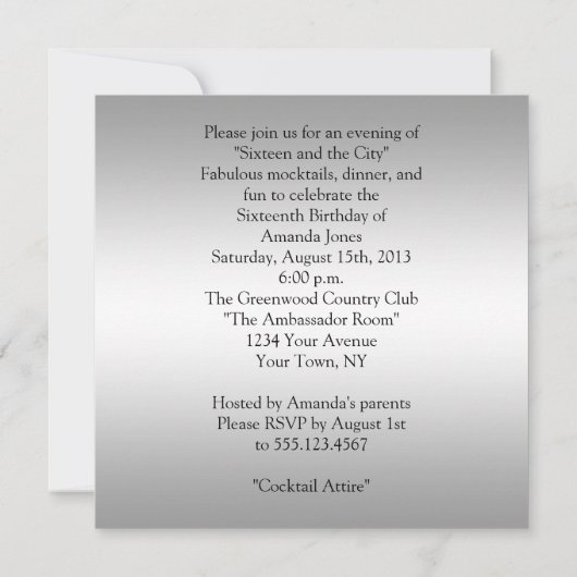 Schwarzes des Bonbon-16 und silberne verzierte Einladung (Rückseite)