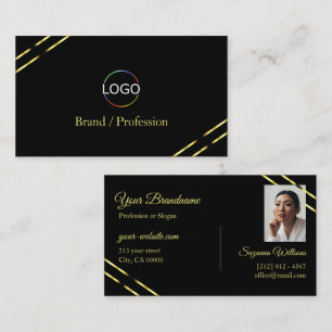 Schwarzes Design mit goldenen Linien, Logo und Fot Visitenkarte