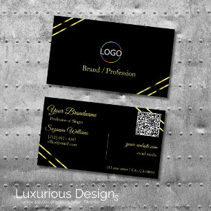 Schwarzes Design mit goldenen Linien, Logo und QR- Visitenkarte