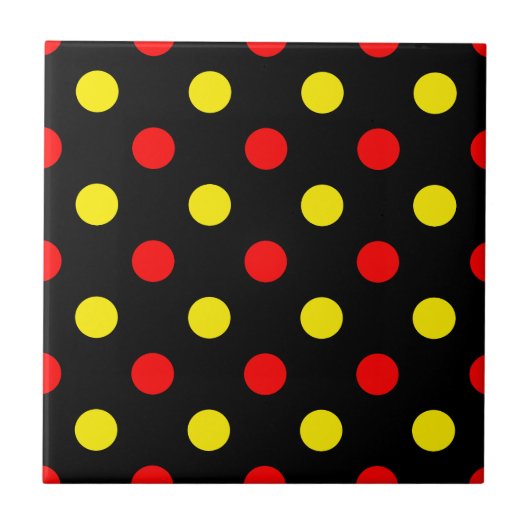 Schwarzes Design mit roten und gelben Tupfen Fliese (Vorderseite)