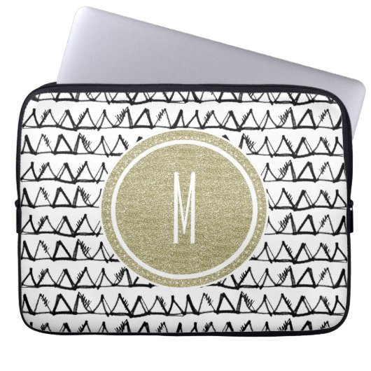 Schwarzes Dreieck-GoldGlitzer-Monogramm Laptopschutzhülle (Vorderseite)