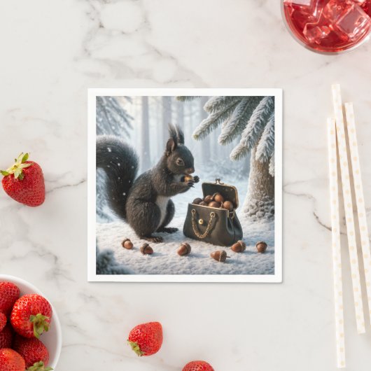 Schwarzes Eichhörnchen, das Acorne in Purpurrot Re Serviette (Beispiel)