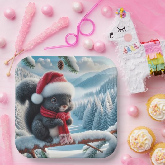 Schwarzes Eichhörnchen mit Weihnachtsmannmütze Pappteller (Party)