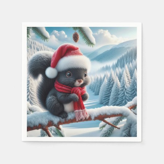 Schwarzes Eichhörnchen mit Weihnachtsmannmütze Serviette (Vorderseite)
