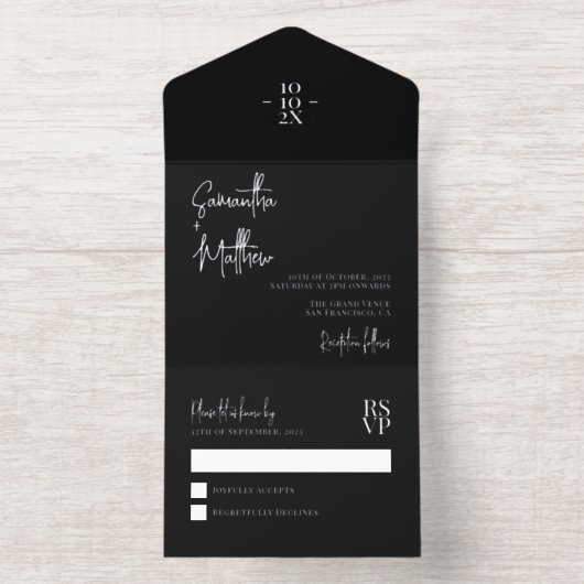 Schwarzes Einfaches Minimalistisches Silberstreife All-in-One-Einladung (Innenseite)